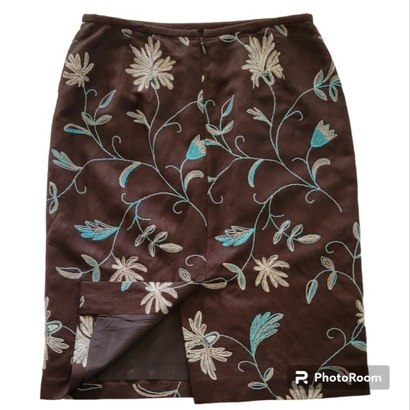 Ann Taylor Loft Linen Skirt Embroidered Fully Lined Mocha Brown - Picture 4 of 8
